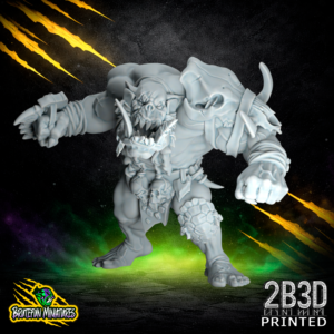 A 32mm scale resin miniature of a Savage Orc Brawler 01 by BruteFun Miniatures, professionally printed by 2B3D. The muscular orc is in a wide, aggressive stance with spiked stone gauntlets and a tribal bone trophy on its back.