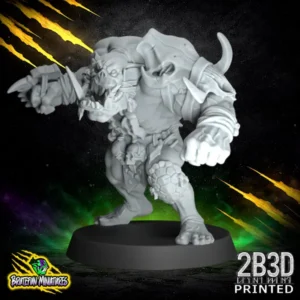 A 32mm scale resin miniature of a Savage Orc Brawler 01 by BruteFun Miniatures, professionally printed by 2B3D. The muscular orc is in a wide, aggressive stance with spiked stone gauntlets and a tribal bone trophy on its back.