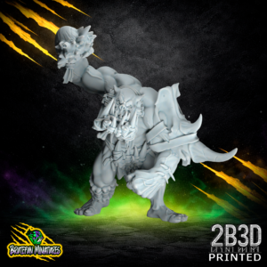 A 32mm scale resin miniature of a Savage Orc Brawler 02 by BruteFun Miniatures, professionally printed by 2B3D. The muscular orc is in a dynamic lunging pose with heavy spiked stone gauntlets and tribal bone trophies.