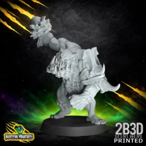 A 32mm scale resin miniature of a Savage Orc Brawler 02 by BruteFun Miniatures, professionally printed by 2B3D. The muscular orc is in a dynamic lunging pose with heavy spiked stone gauntlets and tribal bone trophies.