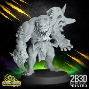 A 32mm scale resin miniature of Savage Orc Brawler 03 by BruteFun Miniatures, professionally printed by 2B3D. The muscular orc is in a heavy, defensive stance with spiked stone-knapped gauntlets and tribal trophies.