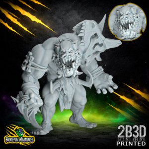 32mm scale resin Savage Orc Brawler 03 miniature by BruteFun Miniatures, featuring the Jaw and Piercing variation. The muscular orc wears a bone jaw guard and tribal piercings, printed by 2B3D.