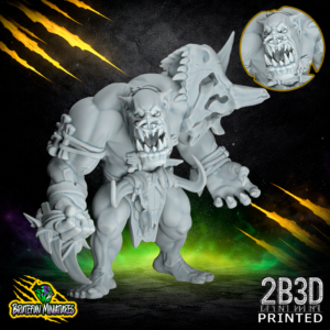 32mm scale resin Savage Orc Brawler 03 miniature by BruteFun Miniatures, featuring the No Jaw with Piercing variation. The orc is depicted with a snarling face and tribal piercings, printed by 2B3D.