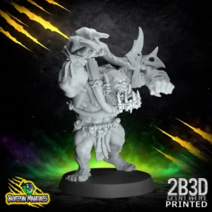 A 32mm scale resin miniature of Savage Orc Brawler 04 by BruteFun Miniatures, professionally printed by 2B3D. The orc features a low, powerful stance with spiked stone gauntlets and tribal bone trophies.