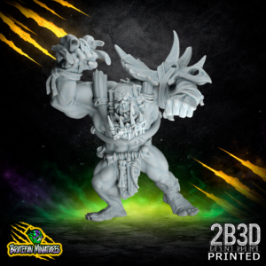32mm scale resin Savage Orc Brawler 04 miniature by BruteFun Miniatures, featuring the Jaw variation. The orc is equipped with a heavy bone jaw guard and spiked stone gauntlets, printed by 2B3D.
