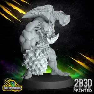 A 32mm scale resin miniature of Savage Orc Brawler 05 by BruteFun Miniatures, professionally printed by 2B3D. The orc is in a heavy, ready-to-strike stance with spiked stone gauntlets and tribal trophies.