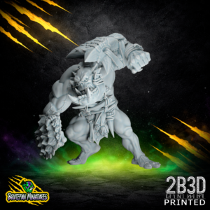 32mm scale resin Savage Orc Brawler 05 miniature by BruteFun Miniatures, featuring the Jaw variation. The orc is equipped with a heavy bone jaw guard and spiked stone gauntlets, printed by 2B3D.