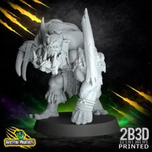 A 32mm scale resin miniature of Savage Orc Brawler 06 by BruteFun Miniatures, professionally printed by 2B3D. The orc is in a heavy, defensive stance with spiked stone-knapped gauntlets and tribal bone trophies.