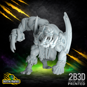 32mm scale resin Savage Orc Brawler 06 miniature by BruteFun Miniatures, featuring the Jaw variation with a heavy bone guard and spiked stone gauntlets, printed by 2B3D.