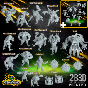 A complete Savage Orc fantasy football team of high-detail resin miniatures by BruteFun Miniatures, featuring multiple positions and the large troll, printed by 2B3D.