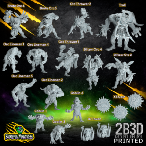 Group shot of the Savage Orc team by BruteFun Miniatures in 32mm scale resin, showing detailed armor and bone trophies, printed by 2B3D.