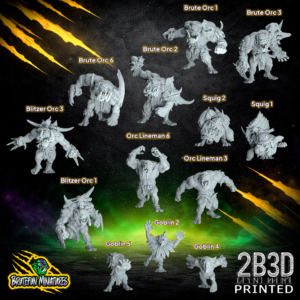 Detailed showcase of the BruteFun Miniatures Savage Orc roster, including specialized players and tokens, printed in high-detail resin by 2B3D.