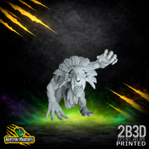 32mm scale resin Savage Orc Goblin 03 miniature by BruteFun Miniatures, professionally printed by 2B3D. The goblin is in an agile dodging pose, carrying a stone-knapped knife and wearing ritual bone trophies.