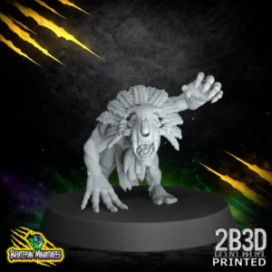 32mm scale resin Savage Orc Goblin 03 miniature by BruteFun Miniatures, professionally printed by 2B3D. The goblin is in an agile dodging pose, carrying a stone-knapped knife and wearing ritual bone trophies.