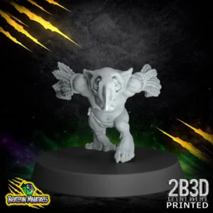 High-detail 32mm resin Savage Orc Goblin 04 miniature by BruteFun Miniatures, printed by 2B3D. The goblin is captured in a low-profile sneaky stance, featuring tattered tribal clothing and stone weaponry.