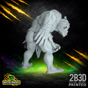 A 32mm scale resin miniature of a Savage Orc Lineman 01 by BruteFun Miniatures, professionally printed by 2B3D. The muscular orc is in a ready stance with stone-knapped shoulder pads and tribal bone trophies.