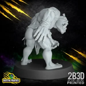 A 32mm scale resin miniature of a Savage Orc Lineman 01 by BruteFun Miniatures, professionally printed by 2B3D. The muscular orc is in a ready stance with stone-knapped shoulder pads and tribal bone trophies.