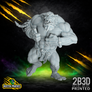 A 32mm scale resin miniature of Savage Orc Lineman 02 by BruteFun Miniatures, professionally printed by 2B3D. The muscular orc is in an aggressive leaning pose with spiked stone shoulder armor and tribal bone trophies.