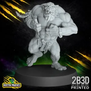 A 32mm scale resin miniature of Savage Orc Lineman 02 by BruteFun Miniatures, professionally printed by 2B3D. The muscular orc is in an aggressive leaning pose with spiked stone shoulder armor and tribal bone trophies.
