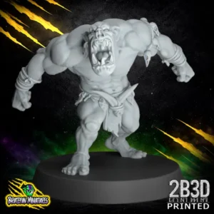 A 32mm scale resin miniature of Savage Orc Lineman 03 by BruteFun Miniatures, professionally printed by 2B3D. The orc is in a heavy stance with spiked stone shoulder pads and ritual bone trophies.