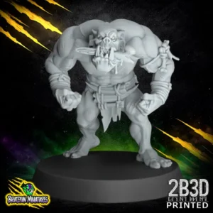 A 32mm scale resin miniature of Savage Orc Lineman 04 by BruteFun Miniatures, professionally printed by 2B3D. The orc is in a wide, grounded stance with spiked stone shoulder pads and ritual bone trophies.