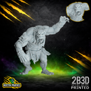 32mm scale resin Savage Orc Lineman 05 miniature by BruteFun Miniatures, featuring the Drool variation. The snarling orc sculpt includes a detailed strand of saliva dripping from its mouth, printed by 2B3D.