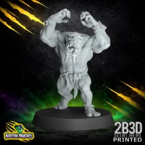 A 32mm scale resin miniature of Savage Orc Lineman 06 by BruteFun Miniatures, professionally printed by 2B3D. The orc is captured in a powerful defensive stance with spiked stone armor and ritual bone trophies.