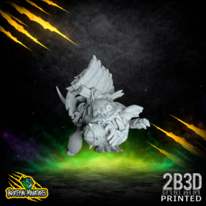 A high-detail 32mm scale resin miniature of the Savage Orc Squig 01 by BruteFun Miniatures, professionally printed by 2B3D. The creature is a ball of muscle and teeth, featuring primitive bone armor and a dynamic lunging pose.