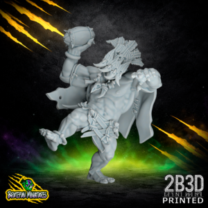 A 32mm scale resin miniature of the Savage Orc Thrower 01 by BruteFun Miniatures, professionally printed by 2B3D. The muscular orc is in a dynamic throwing pose, holding a primitive spiked ball and wearing bone trophies.