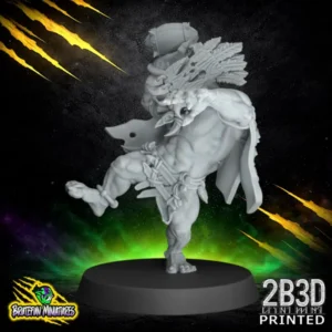 A 32mm scale resin miniature of the Savage Orc Thrower 01 by BruteFun Miniatures, professionally printed by 2B3D. The muscular orc is in a dynamic throwing pose, holding a primitive spiked ball and wearing bone trophies.