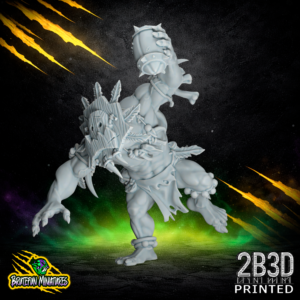 A 32mm scale resin miniature of the Savage Orc Thrower 02 by BruteFun Miniatures, professionally printed by 2B3D. The muscular orc is in a focused, athletic pose, holding a primitive stone-studded ball and wearing a feathered tribal headdress.