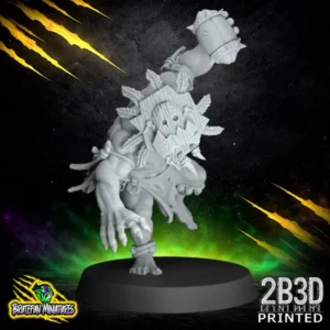 A 32mm scale resin miniature of the Savage Orc Thrower 02 by BruteFun Miniatures, professionally printed by 2B3D. The muscular orc is in a focused, athletic pose, holding a primitive stone-studded ball and wearing a feathered tribal headdress.