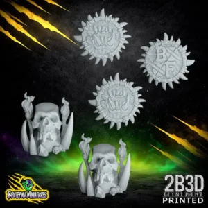 A set of high-detail resin Savage Orc tokens and coins by BruteFun Miniatures, including two skull-shaped tokens with torches and three circular bone-textured coins, printed by 2B3D.