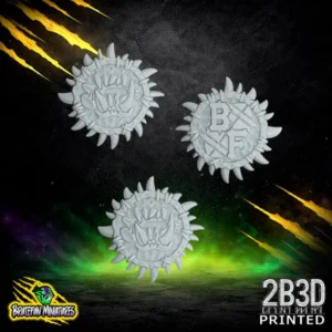 Three high-detail resin circular coins for a Savage Orc fantasy football team, featuring bone textures and BruteFun Miniatures branding, printed by 2B3D.