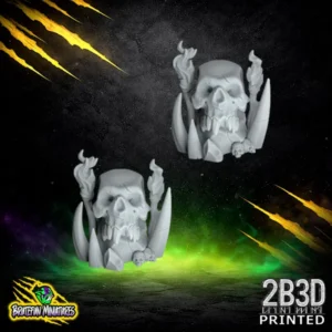 Two high-detail resin Savage Orc skull tokens featuring lit torches and bone spikes by BruteFun Miniatures, professionally printed by 2B3D.