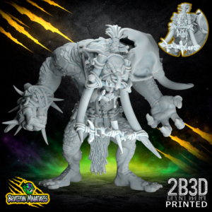 High-detail 32mm resin Savage Orc Troll by BruteFun Miniatures with tusks, a top-knot hair style, and drool, printed by 2B3D.