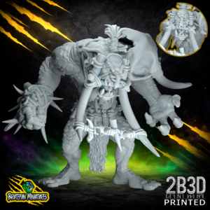 32mm scale resin Savage Orc Troll miniature from BruteFun Miniatures featuring tusks and a top-knot hair style, printed by 2B3D.