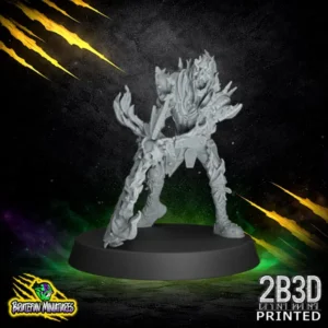 A 32mm scale high-detail resin miniature of a Brawler Star Player with a Chainsaw secret weapon, sculpted by BruteFun Miniatures and printed by 2B3D, featuring heavy armor and a dynamic mechanical saw.