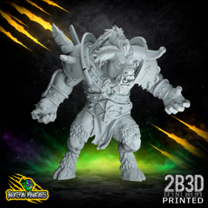 A 32mm scale resin miniature of the Bull Centaur Star Player Variation 1, sculpted by BruteFun Miniatures and printed by 2B3D, featuring a muscular bovine-humanoid hybrid in a powerful charging pose with heavy shoulder plates.