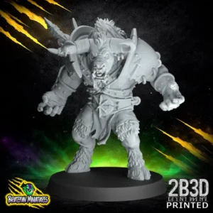 A 32mm scale resin miniature of the Bull Centaur Star Player Variation 1, sculpted by BruteFun Miniatures and printed by 2B3D, featuring a muscular bovine-humanoid hybrid in a powerful charging pose with heavy shoulder plates.