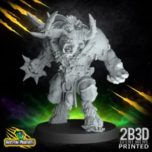 A high-detail 32mm resin miniature of the Bull Centaur Star Player Variation 2, sculpted by BruteFun Miniatures and printed by 2B3D, showing an armored centaurid athlete with a dynamic, lunging stance.