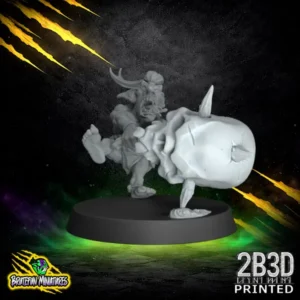 A high-detail 32mm resin miniature of a Fanatic Goblin Star Player, sculpted by BruteFun Miniatures and printed by 2B3D, featuring a chaotic spinning pose with a massive chained head secret weapon.