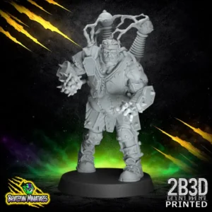 A 32mm scale high-detail resin miniature of a Flesh Golem Star Player, sculpted by BruteFun Miniatures and printed by 2B3D, featuring a hulking undead physique with visible stitches and industrial staples.