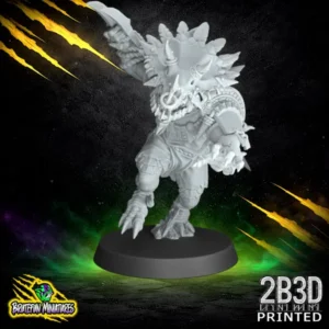 A high-detail 32mm resin fantasy football miniature of a Lizardmen Saurus Star Player, sculpted by BruteFun Miniatures and printed by 2B3D, featuring a triceratops-style head crest and a dynamic charging pose.