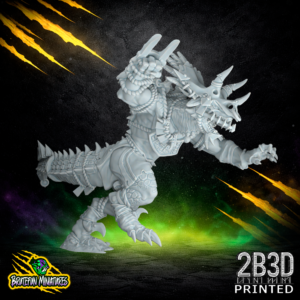 Side view of a 32mm resin Lizardmen Saurus Star Player miniature with a Mouth Guard, sculpted by BruteFun Miniatures and printed by 2B3D, showing thick scales and a spiked tail.