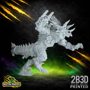 Side view of a 32mm scale resin Lizardmen Saurus Star Player miniature without a Mouth Guard, sculpted by BruteFun Miniatures and printed by 2B3D, highlighting the ferocious open-jaw sculpt.