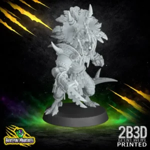 A 32mm scale resin miniature of the Lizardmen Saurus Star V2, sculpted by BruteFun Miniatures and printed by 2B3D, featuring a feathered triceratops skull helm and bone-bladed gauntlets.