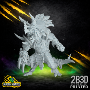 A 32mm resin miniature variation of the Lizardmen Saurus Star V2 with a Close Hand pose, sculpted by BruteFun Miniatures and printed by 2B3D.