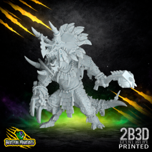 High-detail resin miniature of the Lizardmen Saurus Star V2 holding a stone-bladed weapon with a Close Hand, sculpted by BruteFun and printed by 2B3D.