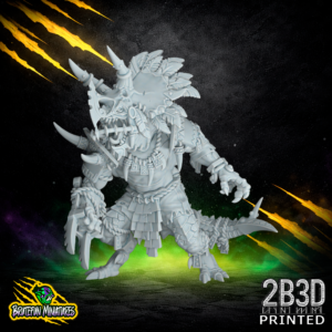 A 32mm resin fantasy football miniature of the Lizardmen Saurus Star V2 featuring an Open Hand pose, sculpted by BruteFun and printed by 2B3D.